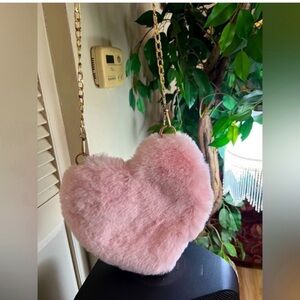 Heart-Shaped Pink Furry Bag with Gold Chain